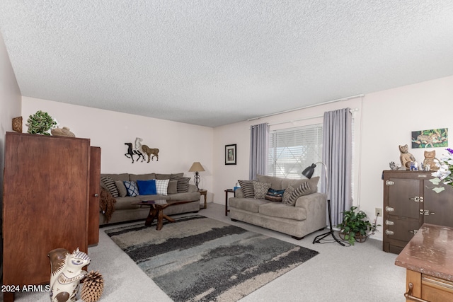 living room with light colored carpet and a textured ceiling