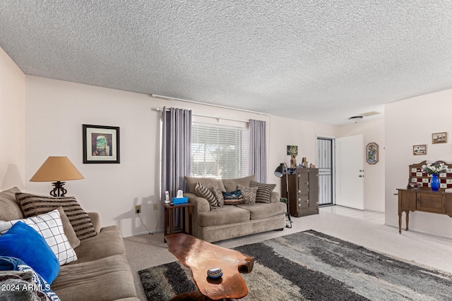 carpeted living room with a textured ceiling