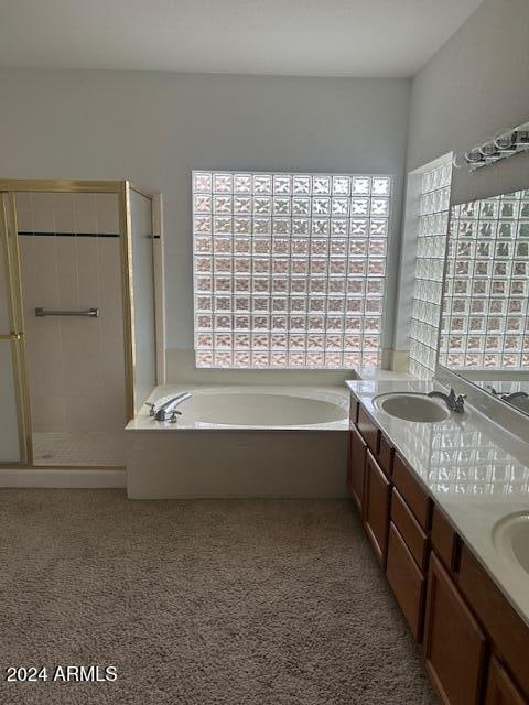 bathroom with plenty of natural light, shower with separate bathtub, and vanity