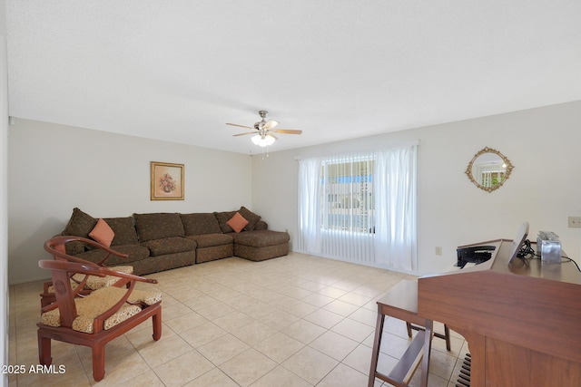 living room featuring light tile patterned floors and ceiling fan