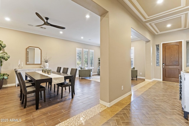 6918 E Ivyglen St, Mesa, AZ 85207 - dining space with crown molding, a ceiling fan, baseboards, light wood finished floors, and recessed lighting