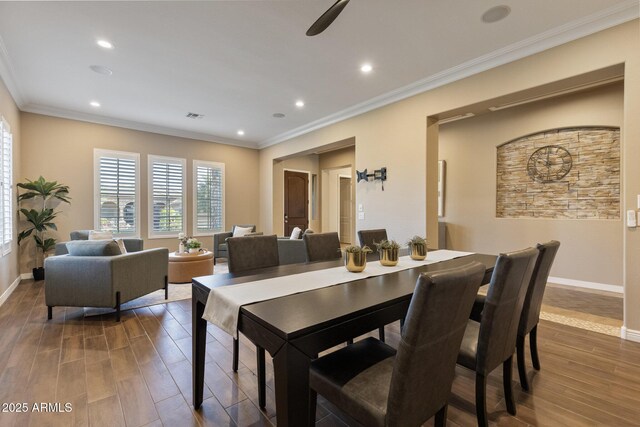 6918 E Ivyglen St, Mesa, AZ 85207 - dining room featuring dark wood finished floors, baseboards, recessed lighting, and crown molding