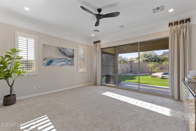 6918 E Ivyglen St, Mesa, AZ 85207 - empty room with ornamental molding, carpet, a ceiling fan, baseboards, and recessed lighting