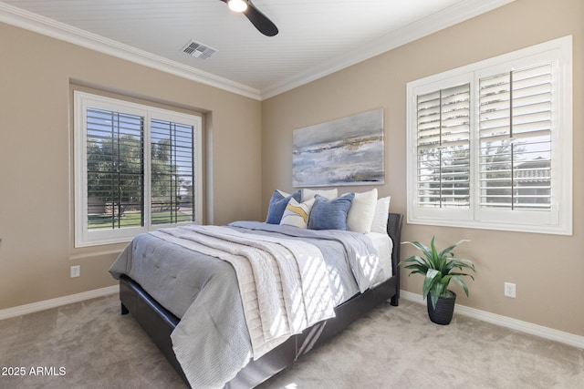6918 E Ivyglen St, Mesa, AZ 85207 - carpeted bedroom featuring crown molding, baseboards, and ceiling fan