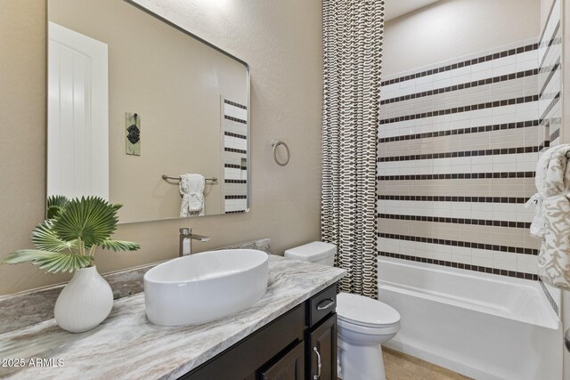 6918 E Ivyglen St, Mesa, AZ 85207 - full bath with vanity, shower / bathtub combination with curtain, and toilet