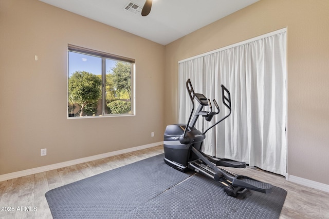 6918 E Ivyglen St, Mesa, AZ 85207 - exercise room with ceiling fan, wood finished floors, and baseboards