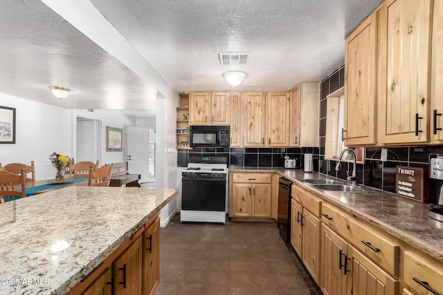 kitchen with visible vents, backsplash, open shelves, black appliances, and a sink