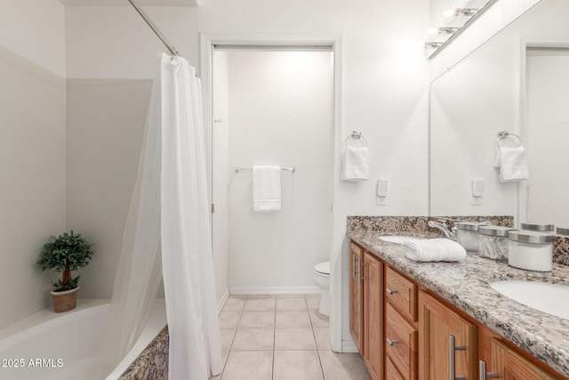 full bathroom with tile patterned flooring, vanity, shower / bath combo, and toilet