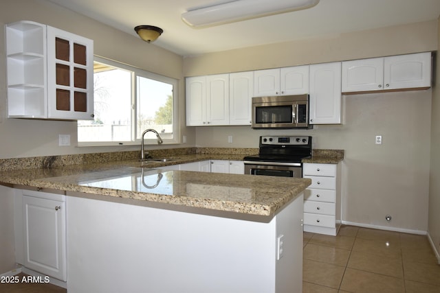 kitchen with appliances with stainless steel finishes, sink, light stone counters, white cabinetry, and kitchen peninsula