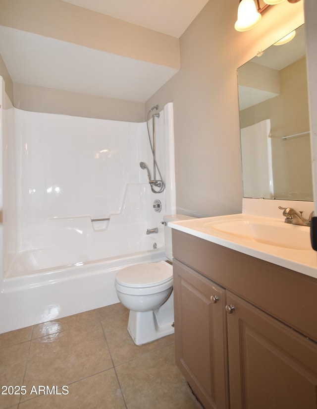 full bathroom with tile patterned floors, toilet,  shower combination, and vanity