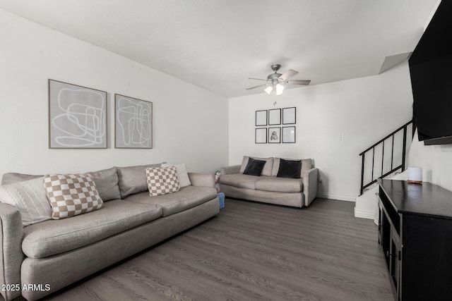 9046 N 51st Ln, Glendale, AZ 85302 - living area with stairway, baseboards, a ceiling fan, and wood finished floors