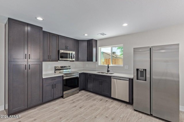 kitchen featuring appliances with stainless steel finishes, sink, dark brown cabinets, and light wood-type flooring