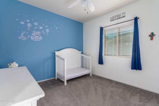 unfurnished bedroom featuring ceiling fan and carpet floors