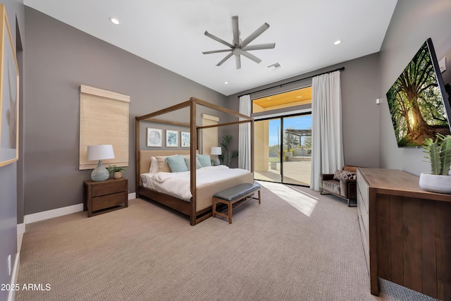 carpeted bedroom featuring access to exterior and ceiling fan