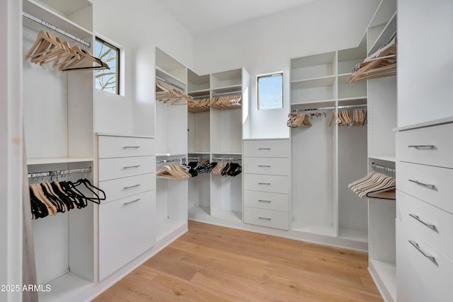 walk in closet with light hardwood / wood-style floors