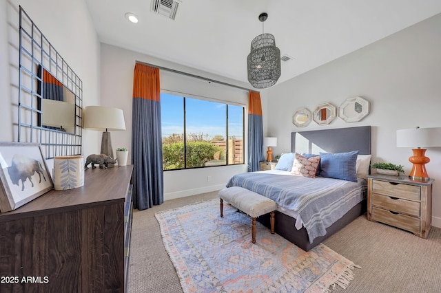 bedroom with light carpet