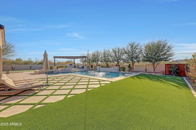 view of yard with a fenced in pool, a pergola, a patio, and pool water feature