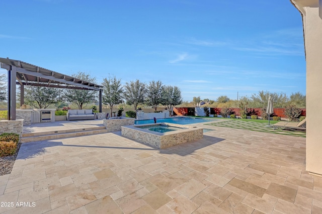 view of swimming pool featuring a pergola, an outdoor living space, a patio area, area for grilling, and an in ground hot tub