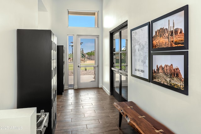 doorway with dark hardwood / wood-style flooring and a high ceiling