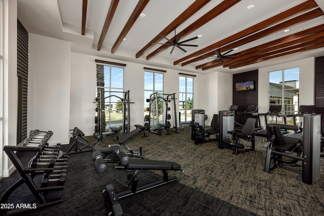 gym with ceiling fan, carpet, and a healthy amount of sunlight