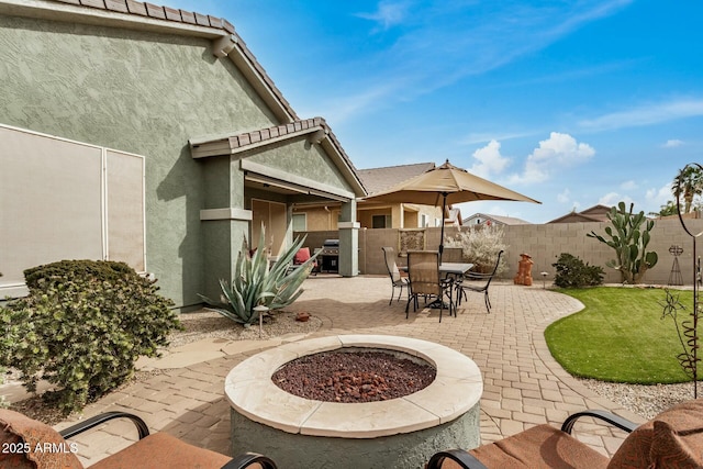 view of patio / terrace with a fire pit