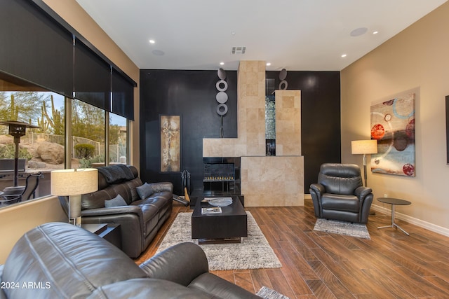 living room featuring dark wood-type flooring