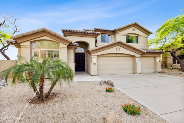 10875 E Mirasol Cir, Scottsdale, AZ 85255 - mediterranean / spanish house with a garage, stucco siding, driveway, and a tiled roof