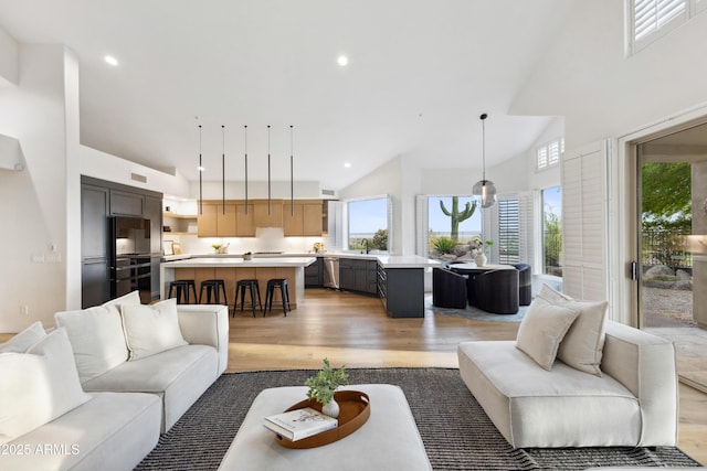 10875 E Mirasol Cir, Scottsdale, AZ 85255 - living area featuring light wood-type flooring, recessed lighting, visible vents, and high vaulted ceiling