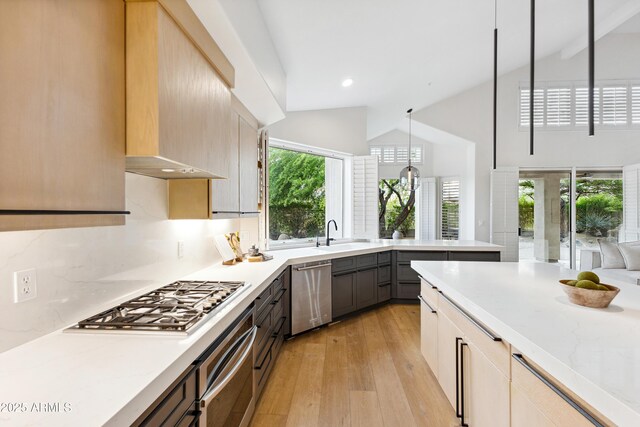 10875 E Mirasol Cir, Scottsdale, AZ 85255 - kitchen with high vaulted ceiling, recessed lighting, a sink, light wood finished floors, and stainless steel appliances