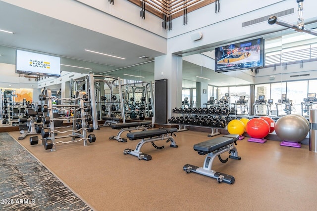 gym with a towering ceiling