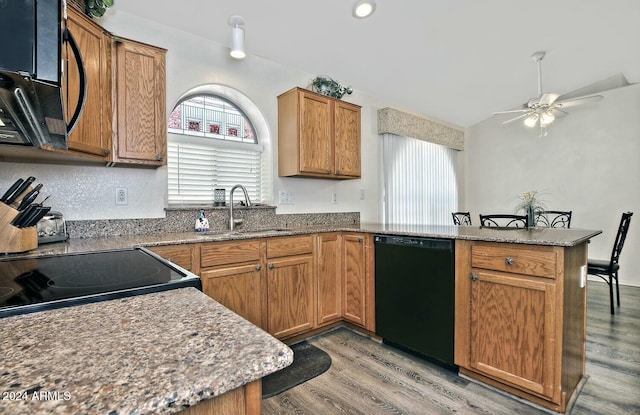 kitchen featuring dishwasher, sink, ceiling fan, plenty of natural light, and kitchen peninsula