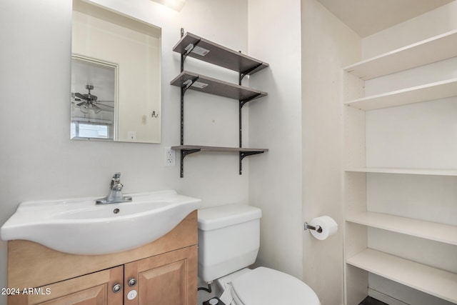 bathroom featuring ceiling fan, toilet, and vanity