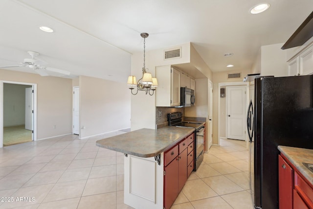 kitchen with backsplash, black appliances, ceiling fan with notable chandelier, light tile patterned flooring, and kitchen peninsula