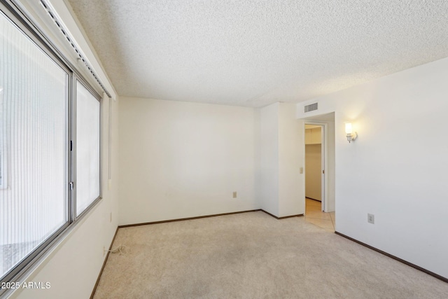 empty room with light carpet, a textured ceiling, and plenty of natural light