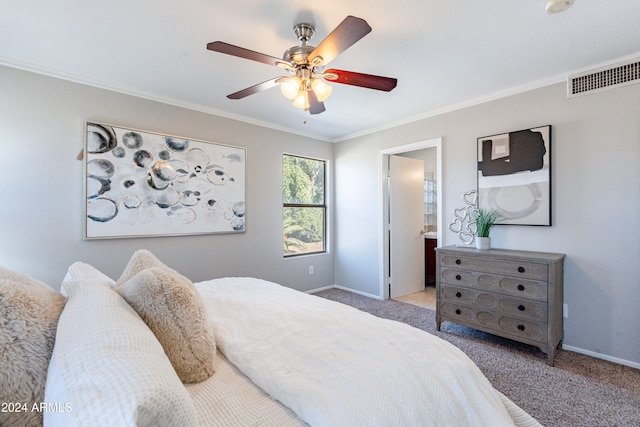 bedroom with connected bathroom, ceiling fan, light carpet, and ornamental molding