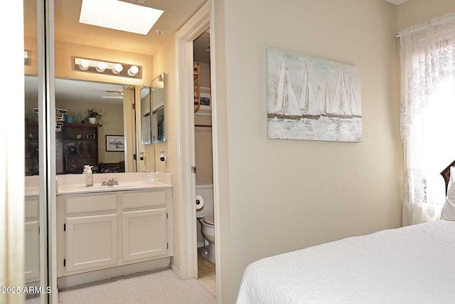 bedroom featuring a skylight, ensuite bathroom, and a sink