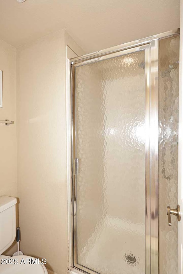 full bathroom featuring a stall shower and toilet