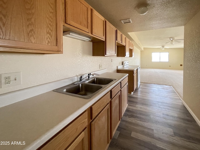 2995 W Rd 1 S, Chino Valley, AZ 86323 - kitchen with washing machine and clothes dryer, a sink, a textured ceiling, dark wood-style flooring, and a ceiling fan