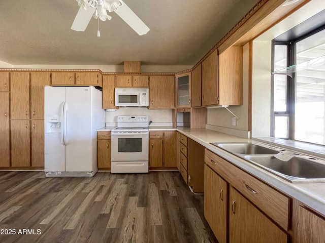 2995 W Rd 1 S, Chino Valley, AZ 86323 - kitchen with light countertops, a sink, white appliances, dark wood-style flooring, and ceiling fan
