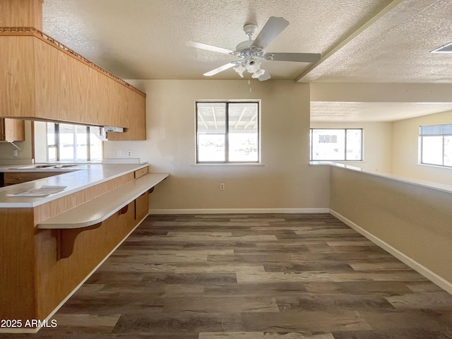 2995 W Rd 1 S, Chino Valley, AZ 86323 - kitchen featuring a peninsula, dark wood-style floors, a textured ceiling, a kitchen bar, and light countertops