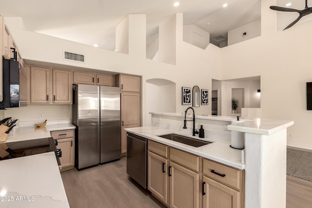 1421 E Charleston Ave, Phoenix, AZ 85022 - kitchen featuring stainless steel appliances, a sink, light wood finished floors, light countertops, and high vaulted ceiling
