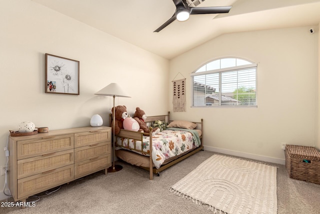 1421 E Charleston Ave, Phoenix, AZ 85022 - bedroom with light colored carpet, vaulted ceiling, ceiling fan, and baseboards