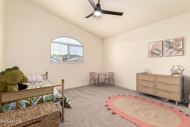 1421 E Charleston Ave, Phoenix, AZ 85022 - bedroom featuring light colored carpet, lofted ceiling, baseboards, and a ceiling fan