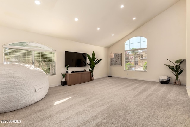 1421 E Charleston Ave, Phoenix, AZ 85022 - unfurnished living room with recessed lighting, carpet flooring, baseboards, and high vaulted ceiling