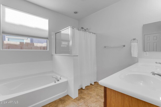 44395 W Bailey Dr, Maricopa, AZ 85138 - full bath with a bath, a shower with curtain, tile patterned floors, and double vanity