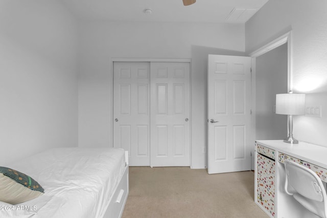 44395 W Bailey Dr, Maricopa, AZ 85138 - bedroom with light colored carpet, a closet, and ceiling fan