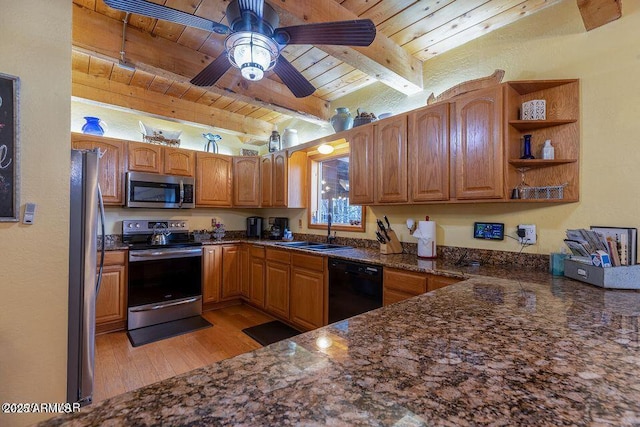 4893 W Big Pine Dr, Lakeside, AZ 85929 - kitchen with wooden ceiling, a sink, appliances with stainless steel finishes, beamed ceiling, and light wood finished floors