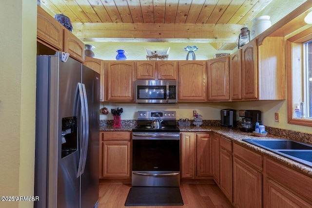4893 W Big Pine Dr, Lakeside, AZ 85929 - kitchen featuring wooden ceiling, light wood-style floors, and stainless steel appliances