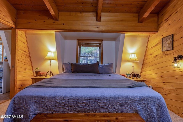 4893 W Big Pine Dr, Lakeside, AZ 85929 - bedroom featuring wood walls, wood ceiling, and beamed ceiling
