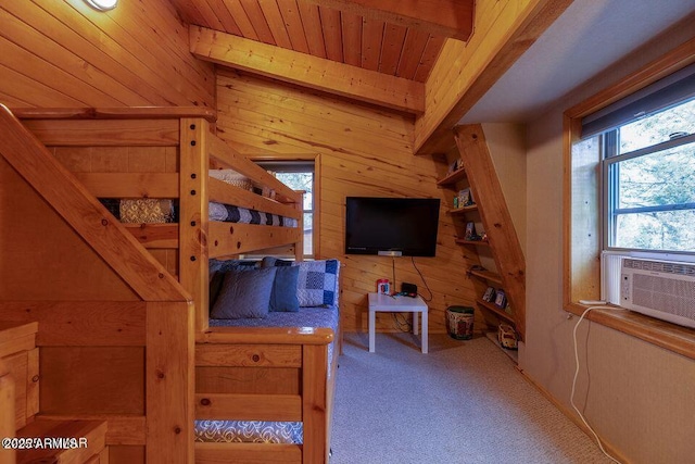 4893 W Big Pine Dr, Lakeside, AZ 85929 - bedroom featuring wood walls, beam ceiling, carpet floors, and wood ceiling